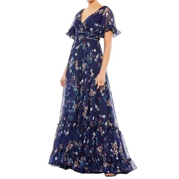 Mac Duggal Dresses & Skirts - Mac Duggal Flounce Sleeve Floral Maxi Dress Navy Blue Size 12 V Neck Ruched